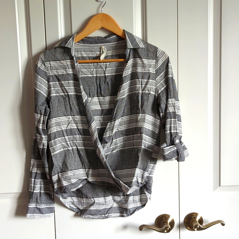 Striped, gray, open-cut blouse